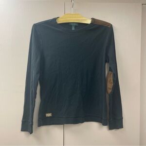 LRL Lauren Jeans Womens Medium Black Shirt Brown Faux Accents Elbows LP